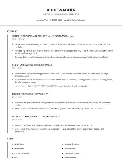 Credit Risk Management Director Resume