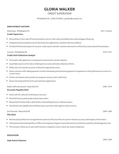 Credit Supervisor Resume