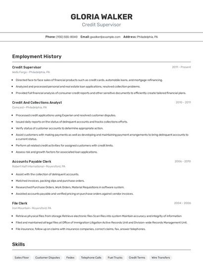 Credit Supervisor Resume