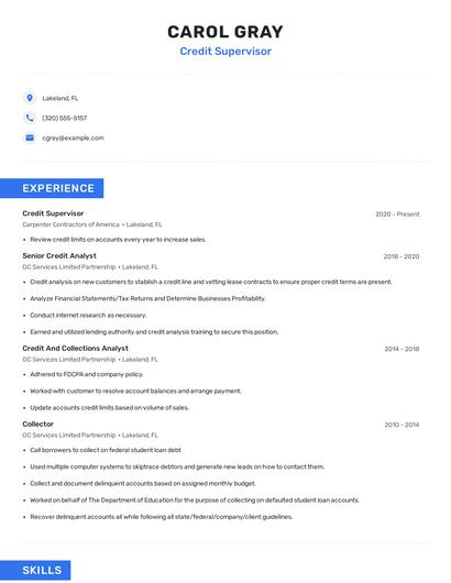 Credit Supervisor Resume