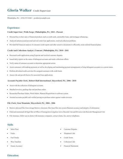 Credit Supervisor Resume