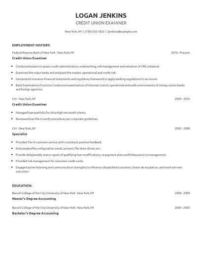 Credit Union Examiner Resume