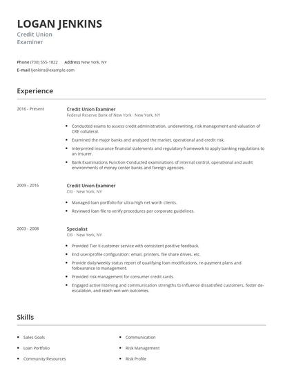 Credit Union Examiner Resume