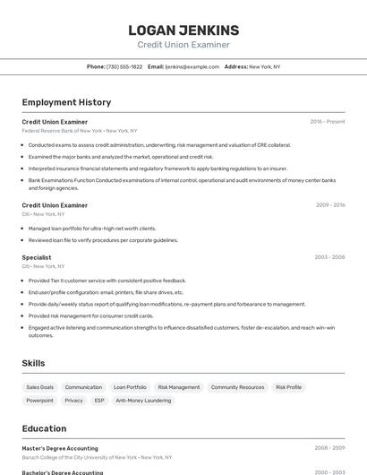 Credit Union Examiner Resume