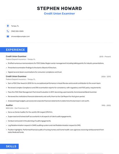 Credit Union Examiner Resume