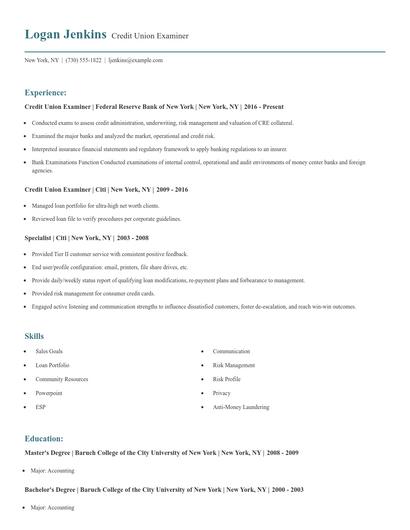 Credit Union Examiner Resume