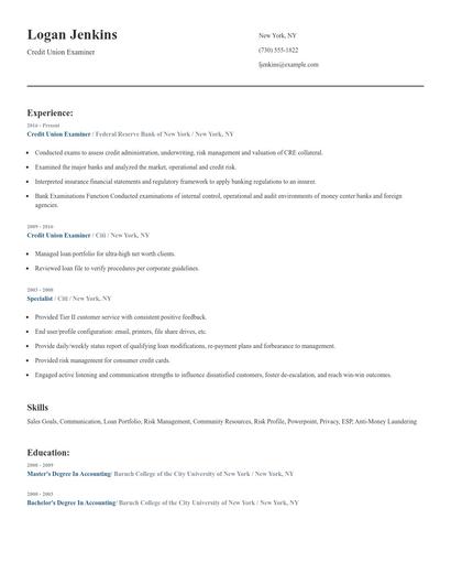 Credit Union Examiner Resume