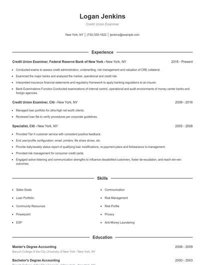 Credit Union Examiner Resume