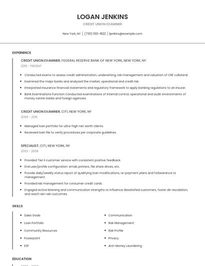 Credit Union Examiner Resume
