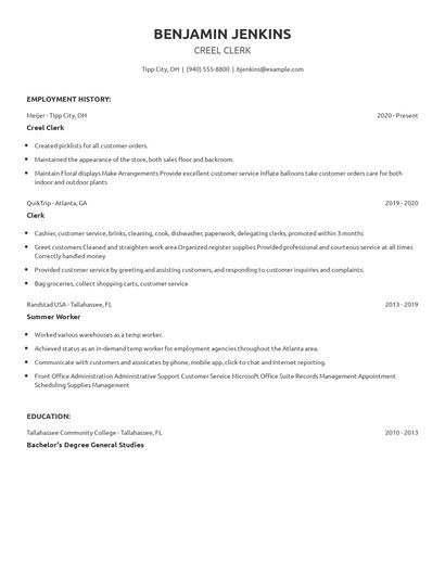 Creel Clerk Resume