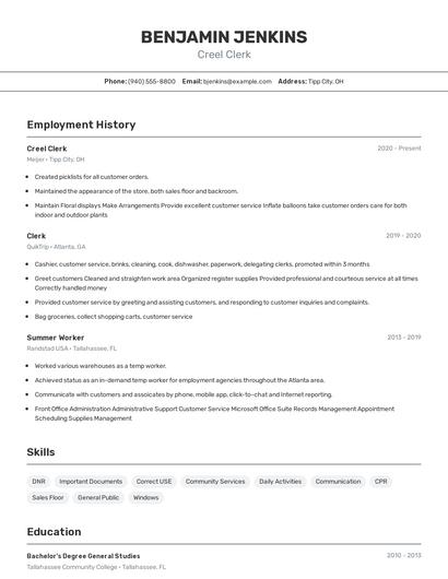 Creel Clerk Resume