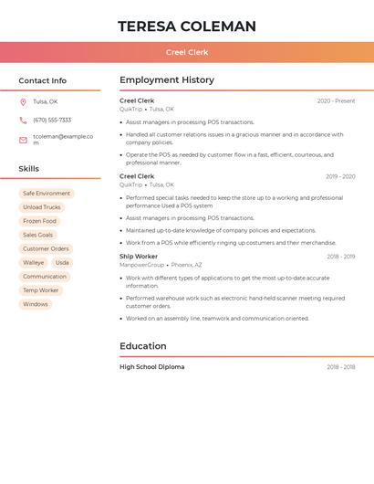 Creel Clerk Resume