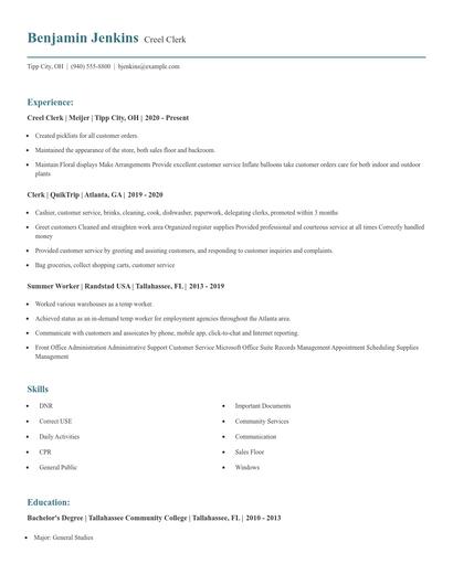 Creel Clerk Resume