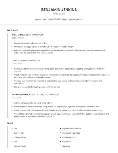 Creel Clerk Resume