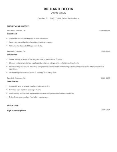 Creel Hand Resume