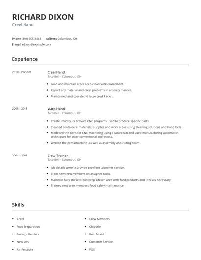 Creel Hand Resume
