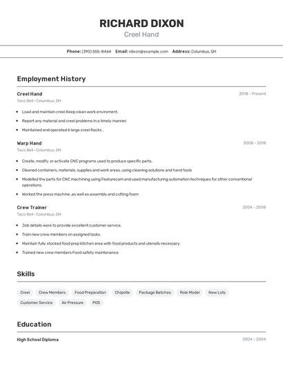 Creel Hand Resume