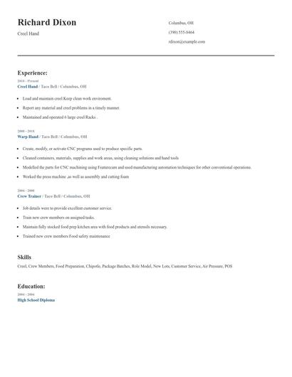 Creel Hand Resume