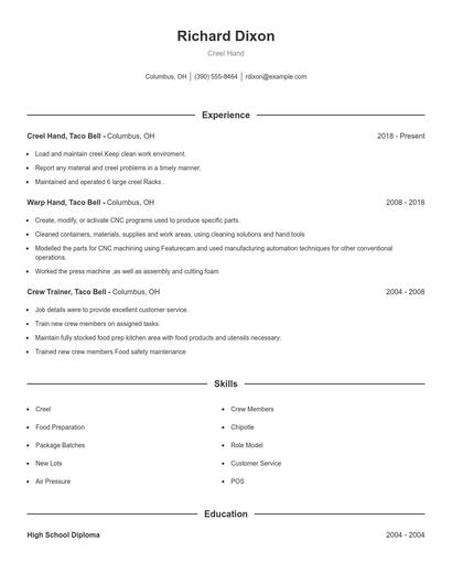 Creel Hand Resume