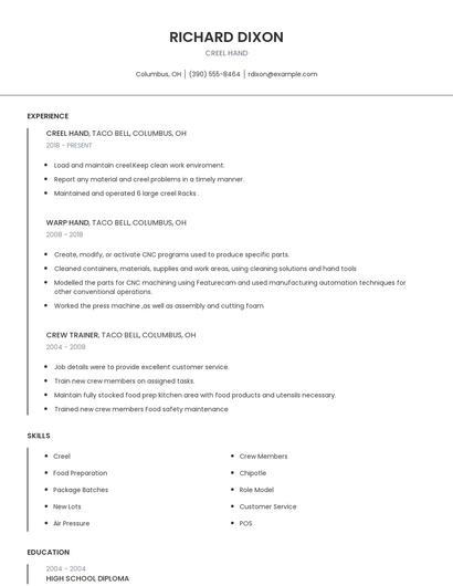 Creel Hand Resume