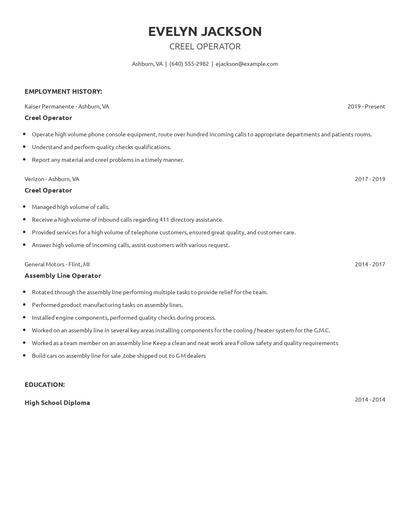 Creel Operator Resume