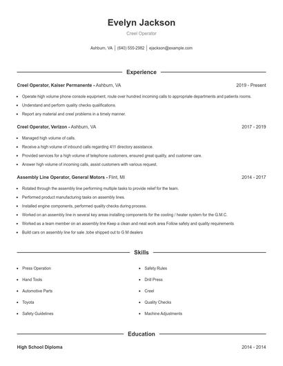 Creel Operator Resume