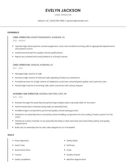 Creel Operator Resume