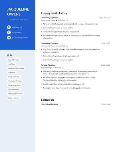 Crematory Operator Resume