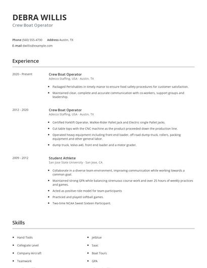 Crew Boat Operator Resume