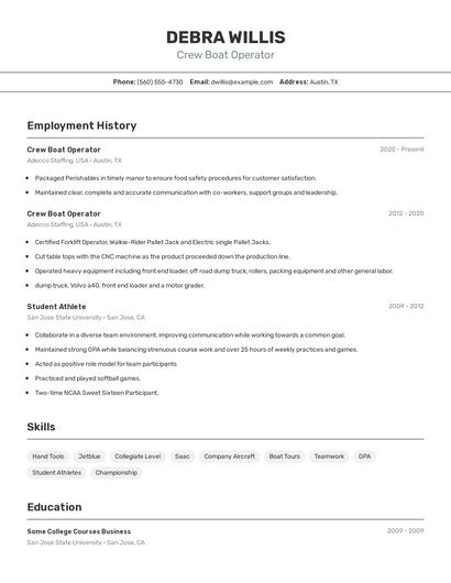 Crew Boat Operator Resume