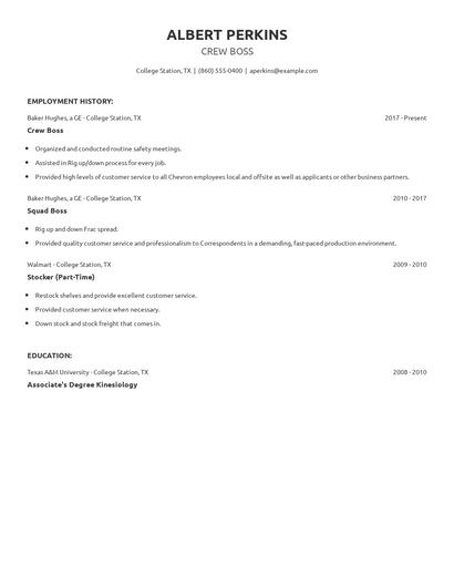 Crew Boss Resume