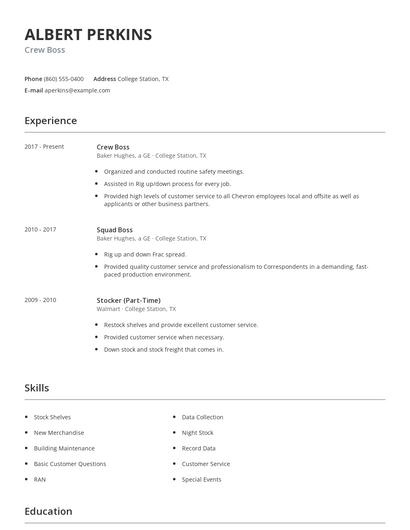 Crew Boss Resume