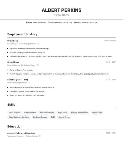 Crew Boss Resume
