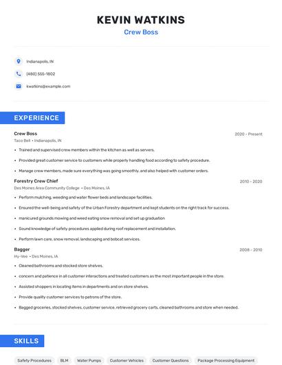 Crew Boss Resume