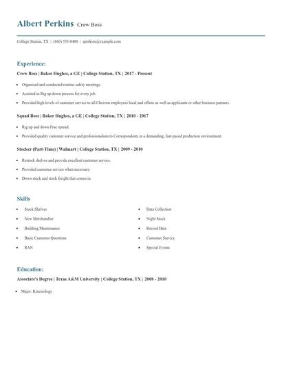 Crew Boss Resume