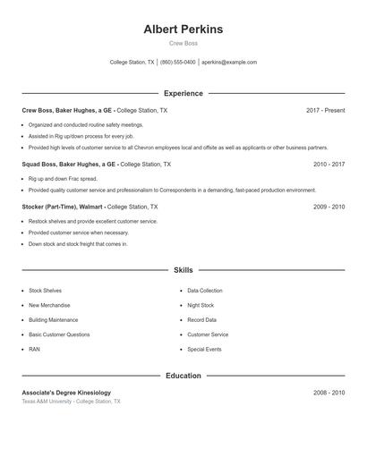 Crew Boss Resume