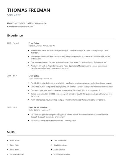 Crew Caller Resume