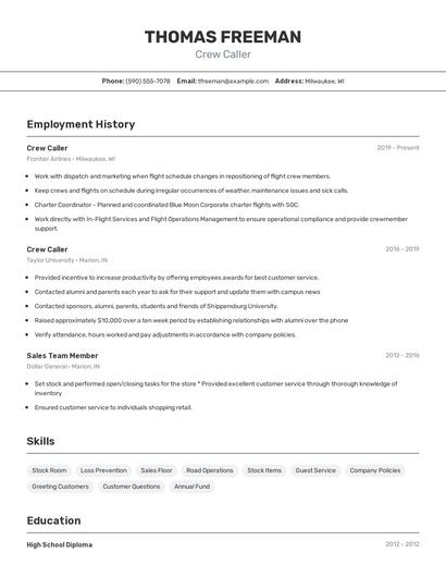 Crew Caller Resume