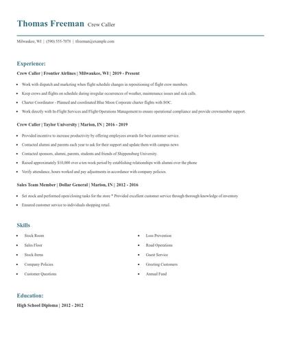 Crew Caller Resume
