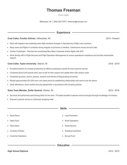 Crew Caller Resume