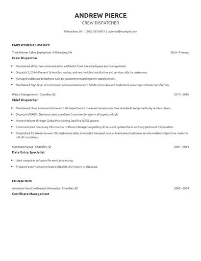 Crew Dispatcher Resume