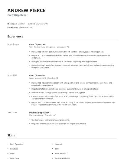 Crew Dispatcher Resume