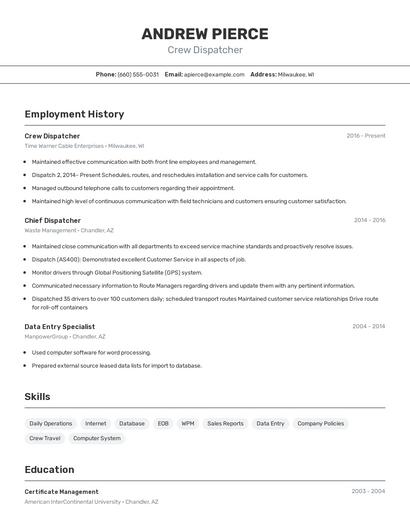 Crew Dispatcher Resume