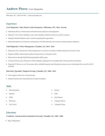 Crew Dispatcher Resume