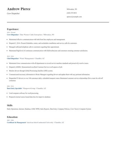 Crew Dispatcher Resume