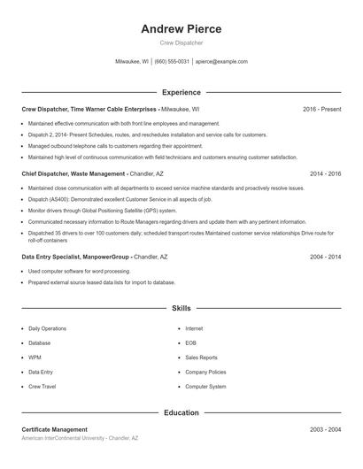 Crew Dispatcher Resume