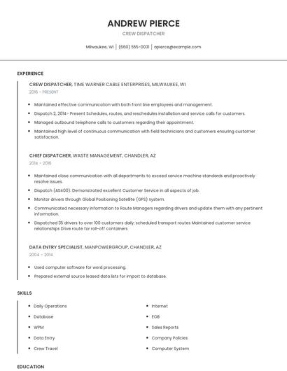 Crew Dispatcher Resume