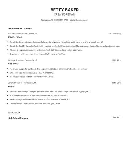 Crew Foreman Resume