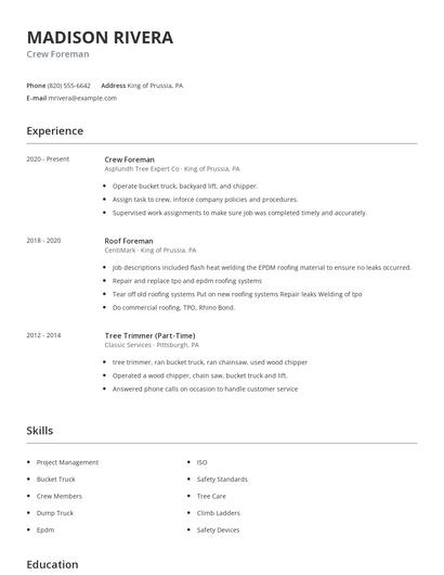 Crew Foreman Resume