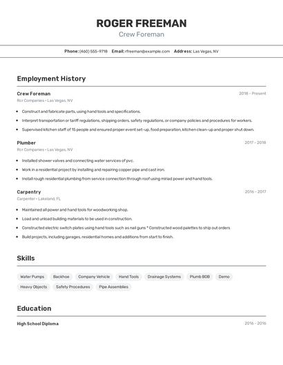 Crew Foreman Resume